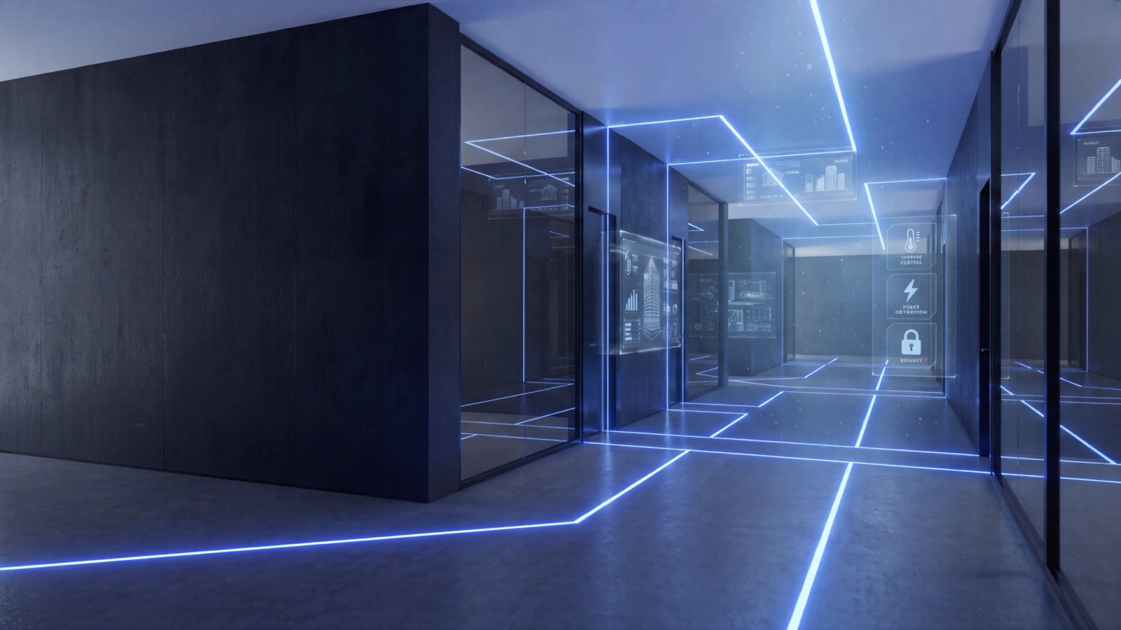 A building interior mapped by illuminated service lines, morphing from technical infrastructure to a finished residence.