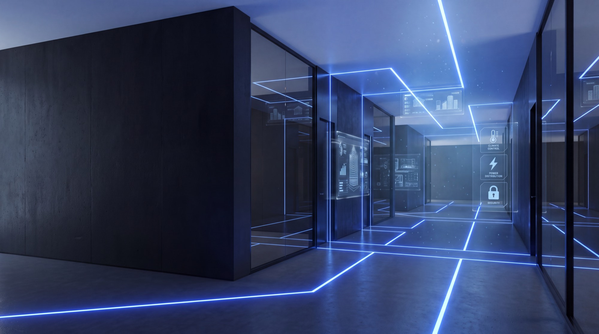 Corridor of a building mapped by illuminated systems lines and monitoring panels.