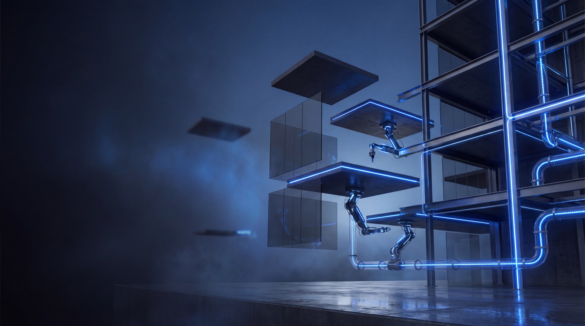 Exposed building structure with robotic arms servicing illuminated mechanical risers.