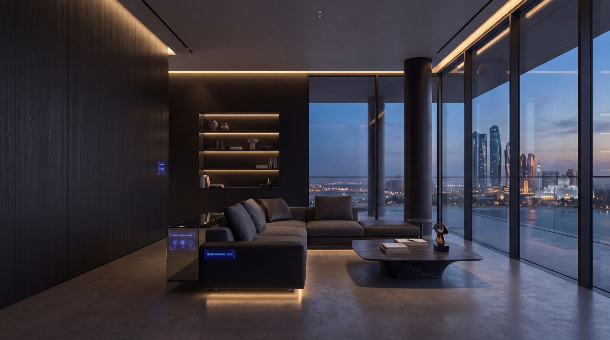 Finished residential interior at dusk overlooking the Abu Dhabi skyline.